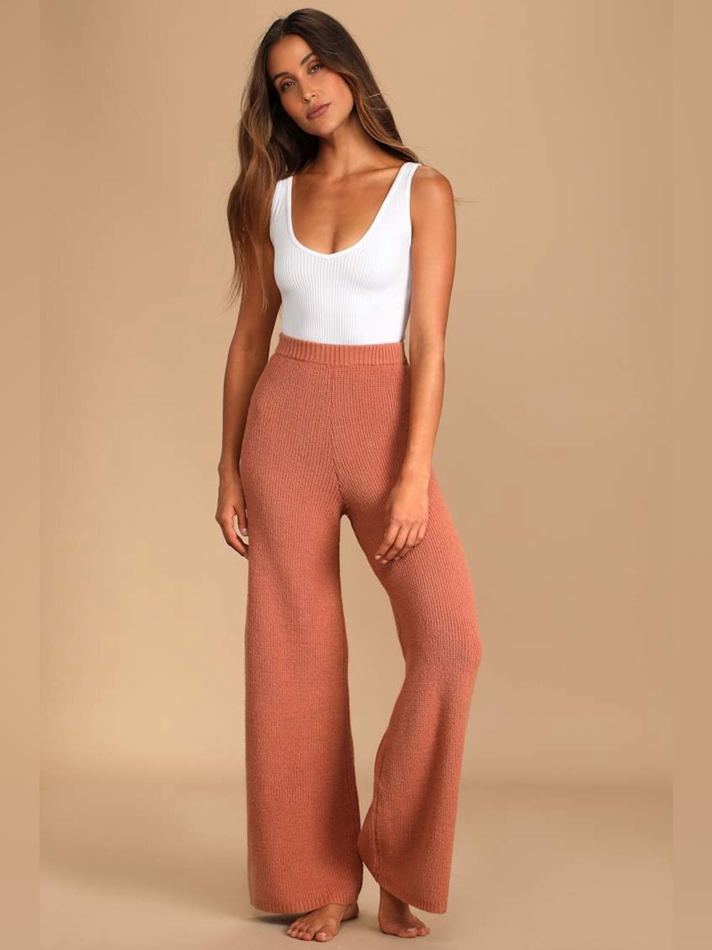 Lulus Known To Be Cozy Rusty Rose Wide-Leg Sweater Pants Size Small